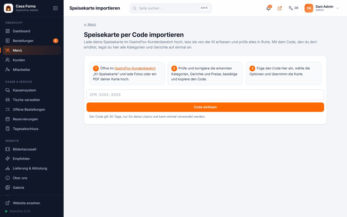 Speisekarte importieren